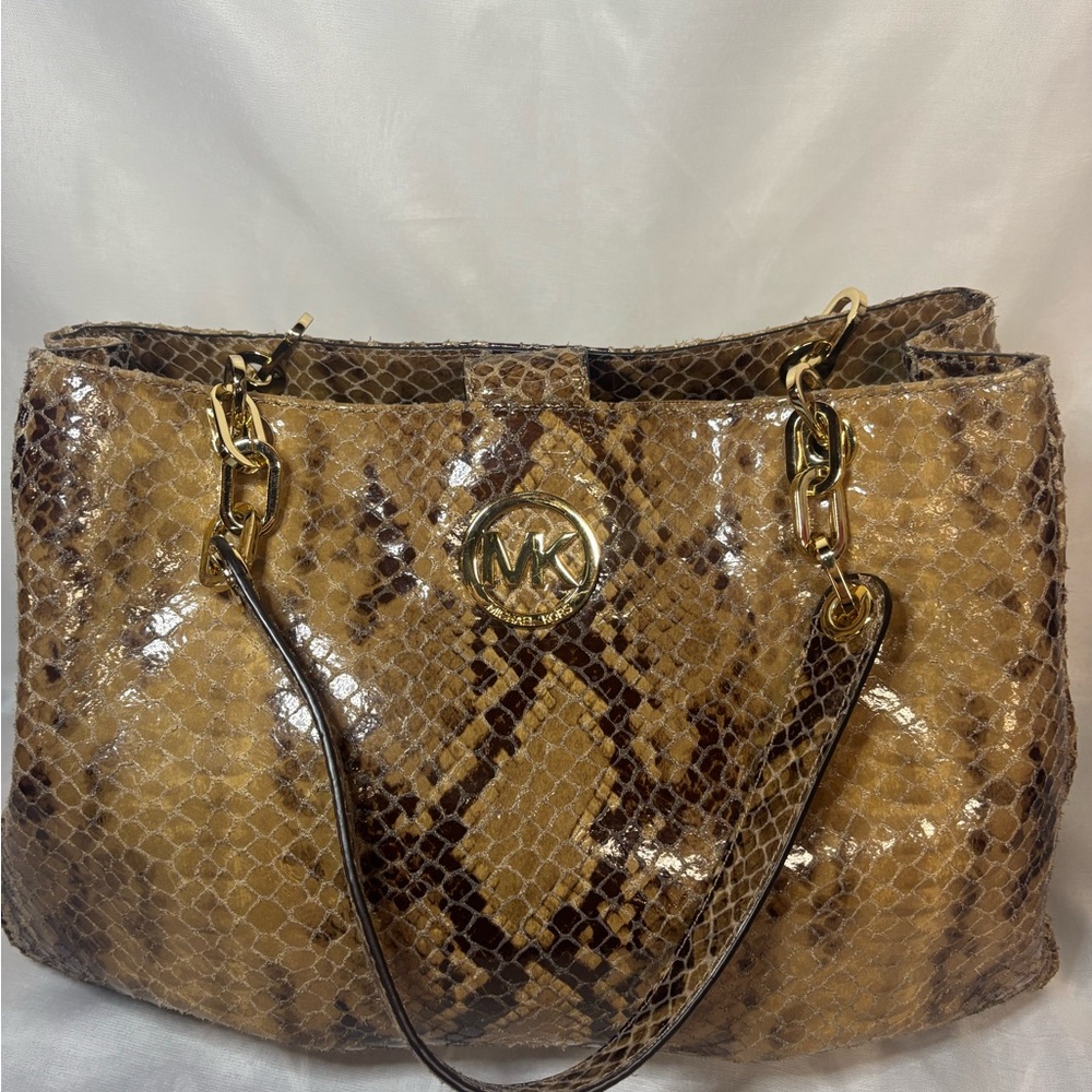 Michael Kors Tan and Brown Snake Print Shoulder Bag